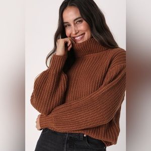 Lulu’s Fireside Friend Brown Turtleneck Slouchy Sweater | Size S